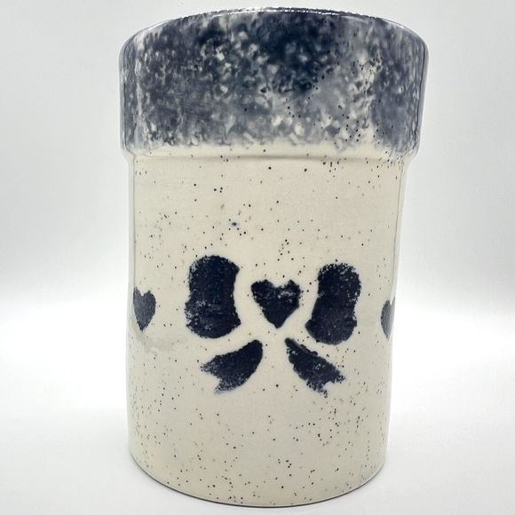 Glazed 5” Crock Small Pot Stoneware Pottery Speckled with Blue Hearts Unmarked - Picture 12 of 13